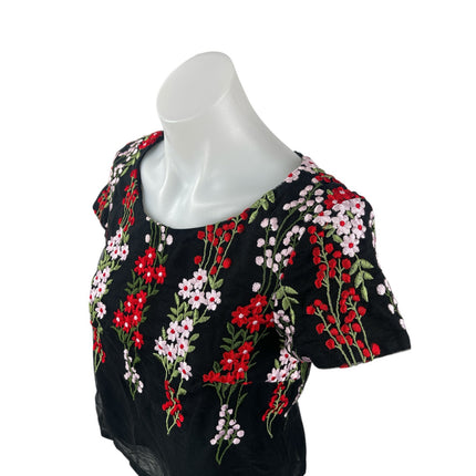 Ida Sjostedt Women's Black Floral Embroidered Short Sleeve Boxy Blouse Top Sz 8
