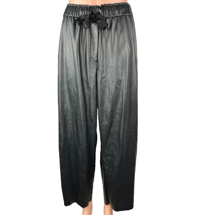 DKNY Women's Black Wide Leg Faux Vegan Leather Pull On Crop Trousers Pants Sz L