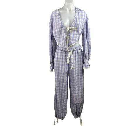 Out From Under Charlotte Bow Purple Chekered Plaid Blouse & Trouser Pants Set S