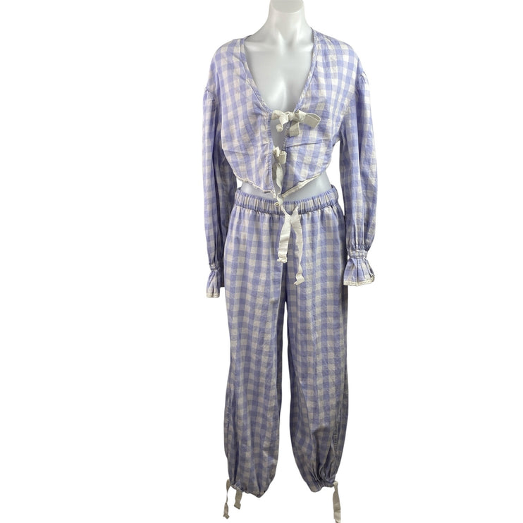Out From Under Charlotte Bow Purple Chekered Plaid Blouse & Trouser Pants Set S