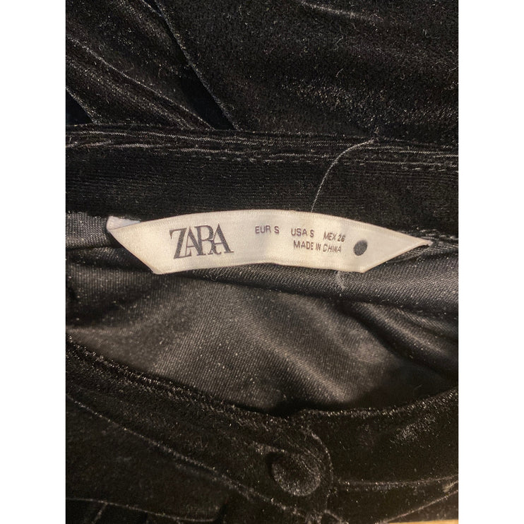 Zara Black Long Sleeve Velvet Velour Button Up Tie Waist Fit & Flare Dress S