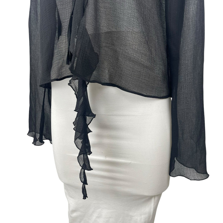 Zara Women's Black Plunge V-neck Ruffle Collar Long Sleeve Sheer Blouse Top Sz M