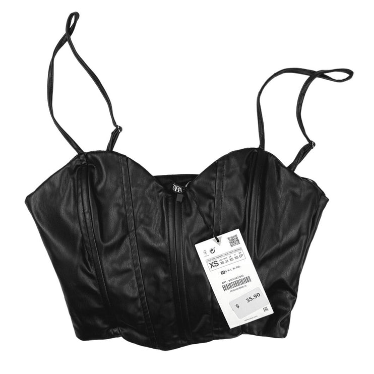 NEW Zara Black Faux Leather Vegan Sweetheart Bustier Corset Crop Top Size XS