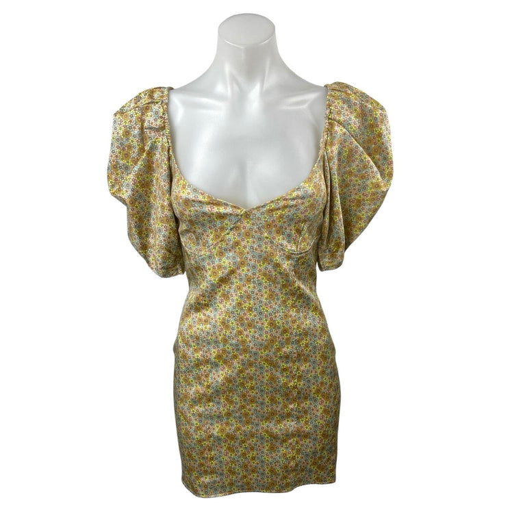 Zara Yellow Floral Silk Satin Short Puff Sleeve Bustier Mini Bodycon Dress Sz M
