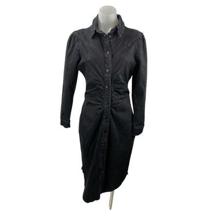 Reserved Black Denim Ruched Collared Long Sleeve Midi Bodycon Shirt Dress Sz 38