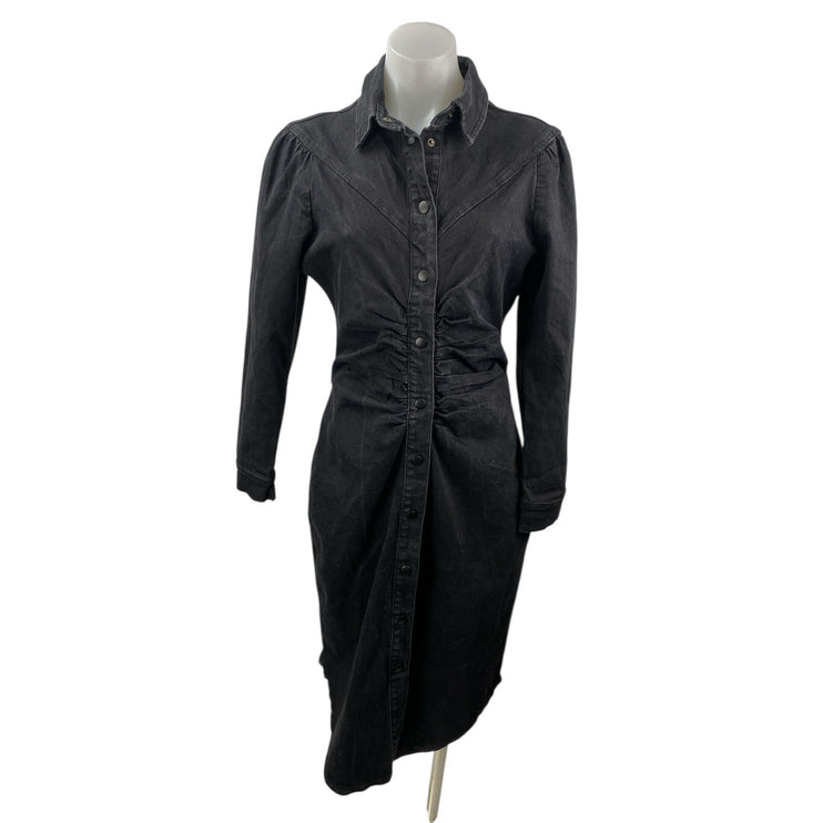 Reserved Black Denim Ruched Collared Long Sleeve Midi Bodycon Shirt Dress Sz 38