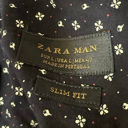 Zara Men's Navy Blue Long Sleeve Slim Fit Printed Button Down Shirt To Size L