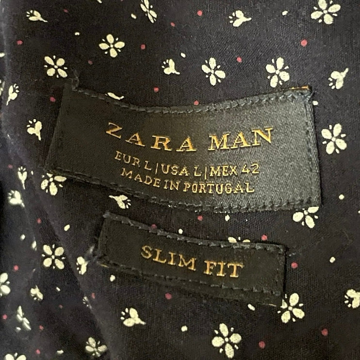 Zara Men's Navy Blue Long Sleeve Slim Fit Printed Button Down Shirt To Size L