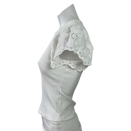NEW Rails Reza White Flutter Sleeve Floral Embroidered Ribbed Knit Blouse Top XS