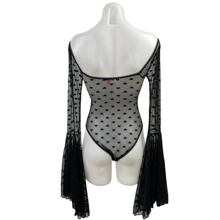 Sugar Thrills Women's Black Mesh Sheer Hearts Long Bell Sleeve Bodysuit Top XXS
