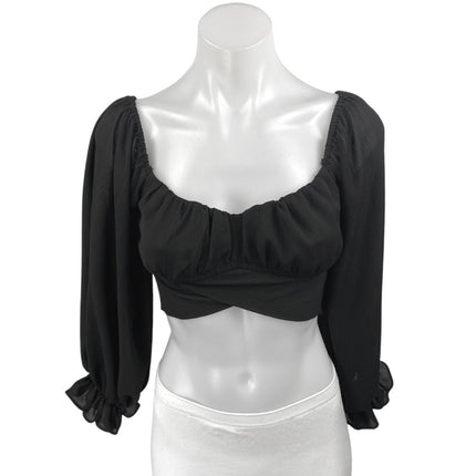 Hello Molly Women's Black 3/4 Puff Sleeve Wrap Tie Back Crop Blouse Top Size XS