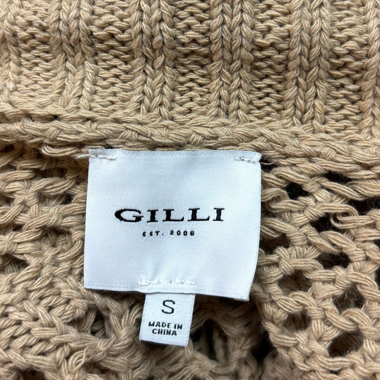 Gilli Taupe Brown Collared Button Down Crochet Open Knit Cardigan Sweater Size S