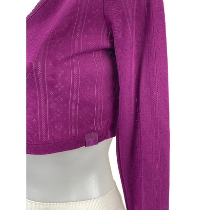 Savage Women's Purple Eyelet Knit Long Sleeve V Neck Button Up Crop Top Size S