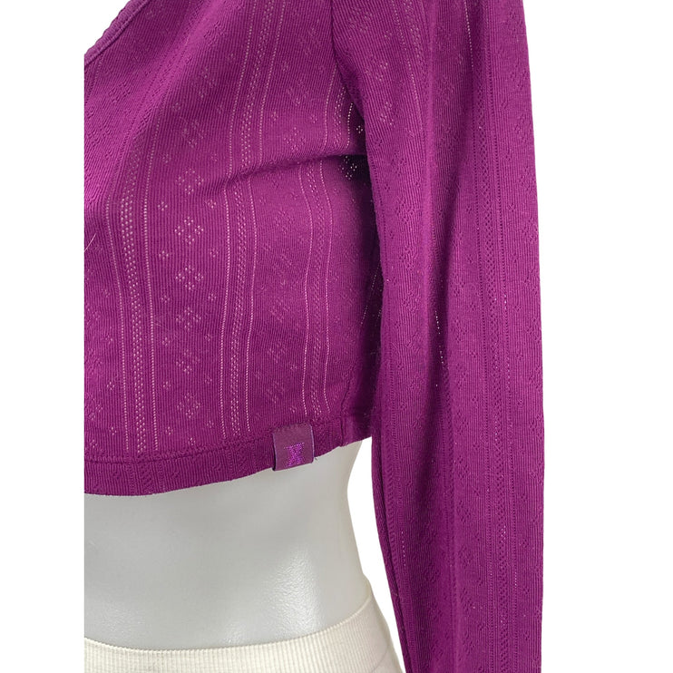 Savage Women's Purple Eyelet Knit Long Sleeve V Neck Button Up Crop Top Size S