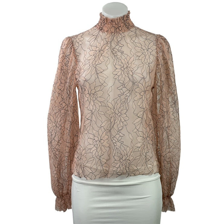 Forever 21 Womens Pink Floral Mesh Sheer Long Balloon Sleeve Turtleneck Blouse S