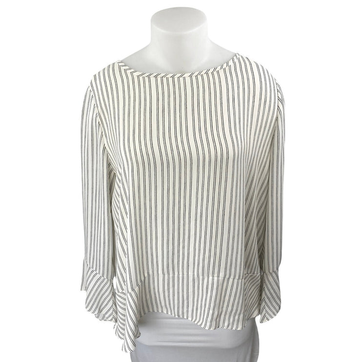 Ann Taylor LOFT White Striped Asymmetric Ruffle Long Sleeve Blouse Top Size XL