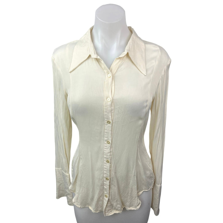 Zara Cream Silk Satin Fitted Lightweight Long Sleeve Button Down Shirt Top Sz XS