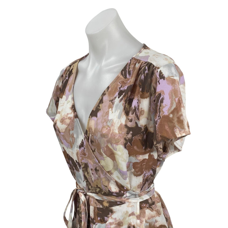 Halogen Beige Multicolor Floral Short Flutter Sleeve V Neck Wrap Maxi Dress Sz 1