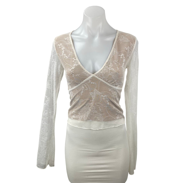 I.AM.GIA Yvette White Beige Floral Lace Layered Long Sleeve V Neck Blouse Top S