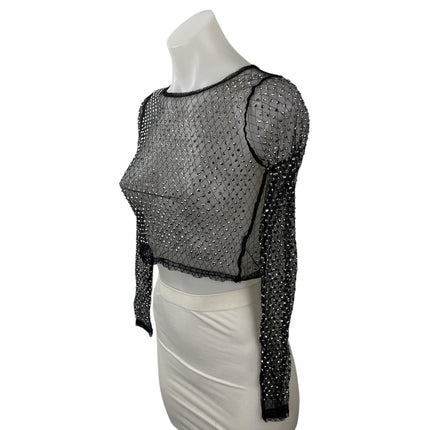 Top Chic Black Rhinestone Mesh Sheer Sparkly Long Sleeve Blouse Crop Top Size S