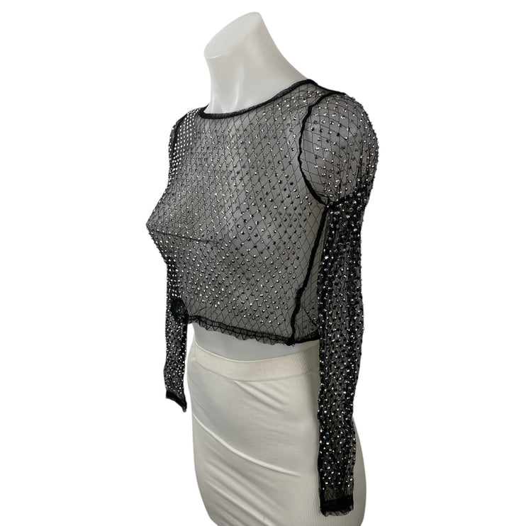 Top Chic Black Rhinestone Mesh Sheer Sparkly Long Sleeve Blouse Crop Top Size S