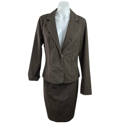BCX Brown Long Sleeve Notch Lapel Blazer Coat Jacket Pencil Skirt Suit Set Sz L