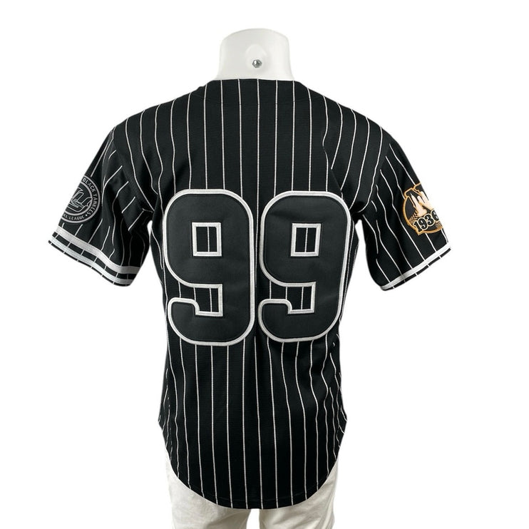 Men's Black White Striped New York 99 Short Sleeve Button Down Jersey Top Size S