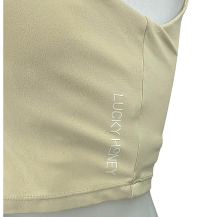 Lucky Honey Womens Cream Sleeveless V Neck Yoga Pilates Athletic Crop Top Size S