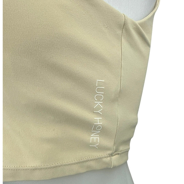Lucky Honey Womens Cream Sleeveless V Neck Yoga Pilates Athletic Crop Top Size S