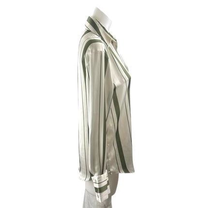 Zara Women's Green Satin Striped Collared Long Sleeve Button Down Shirt Top XS