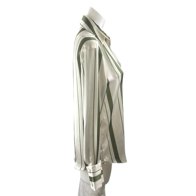 Zara Women's Green Satin Striped Collared Long Sleeve Button Down Shirt Top XS