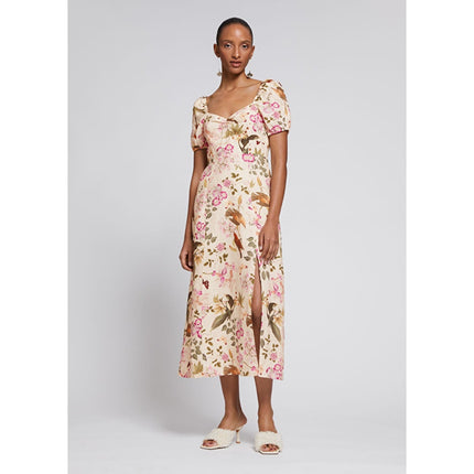 & Other Stories 100% Linen Floral Short Puff Sleeve Slit A Line Midi Dress Sz 6