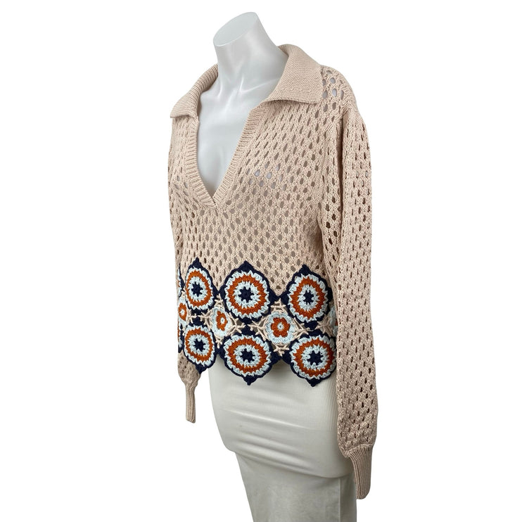 Chufy Women's Beige Crochet Knit Collared Long Sleeve Sweatshirt Sweater Top M