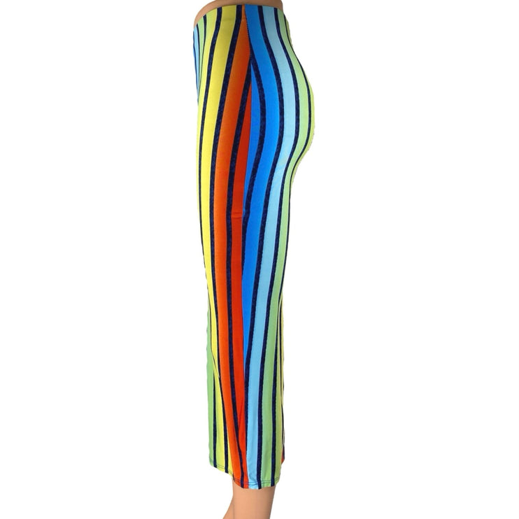 Sabora Womens Multicolor Rainbow Striped Stretch Midi Bodycon Pencil Skirt Sz S