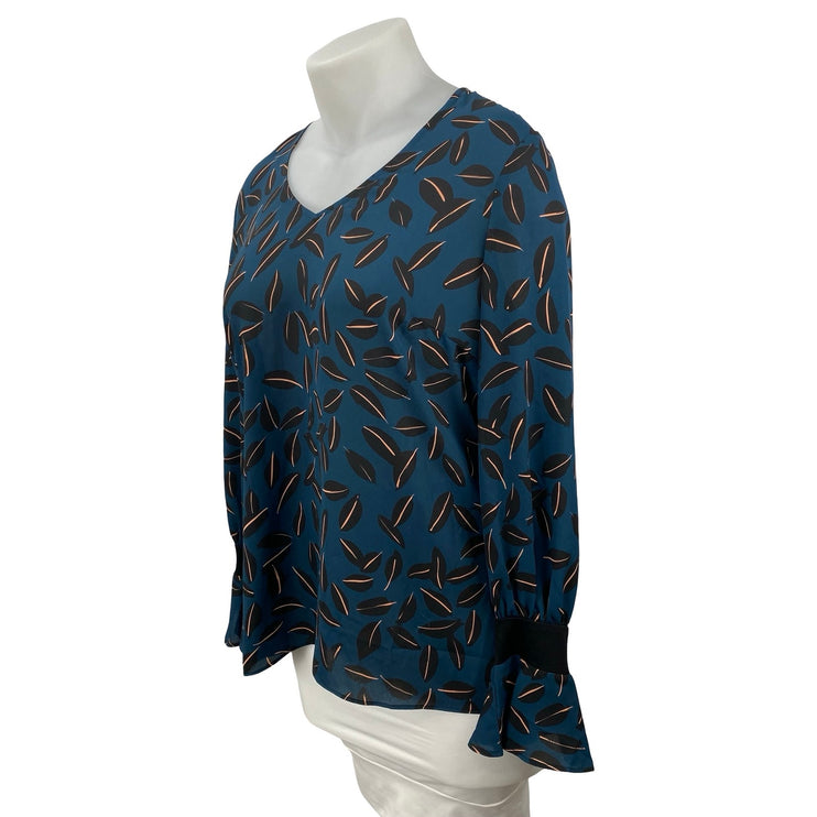 NEW Cabi Kate Shadow Leaf Women's Teal Blue V Neck Long Bell Sleeve Blouse Top L