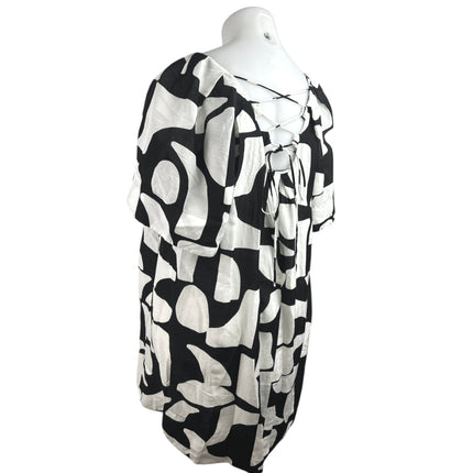 Country Road Black White Linen Abstract Short Sleeve Mini Shift Dress Size 12