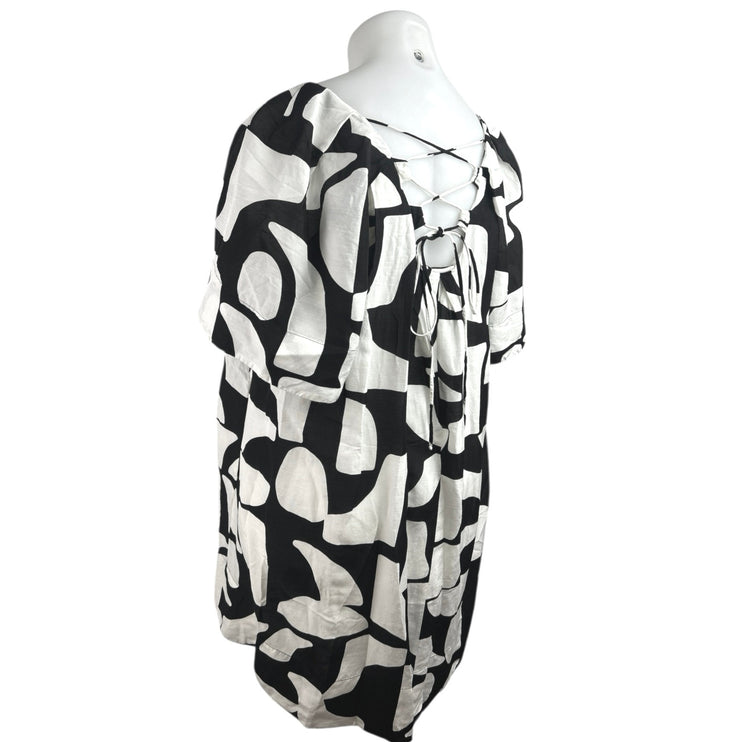 Country Road Black White Linen Abstract Short Sleeve Mini Shift Dress Size 12