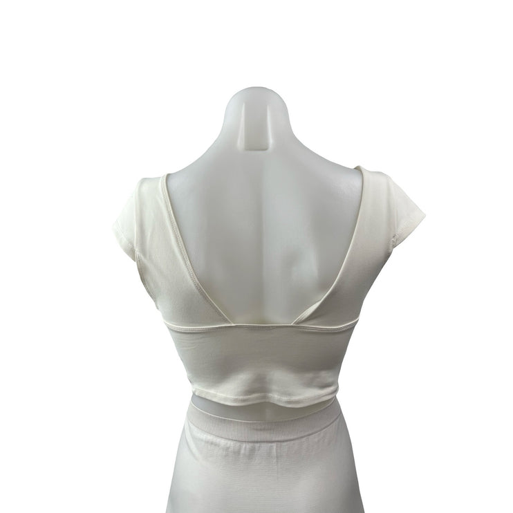 Free People Intimately Ivory Cap Sleeve Deep V Neck Open Back Y2k Crop Top Sz S