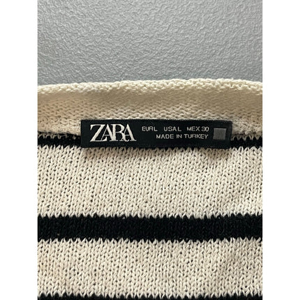 Zara Women's White Black Striped Crewneck Long Sleeve Crop Sweater Top Size L