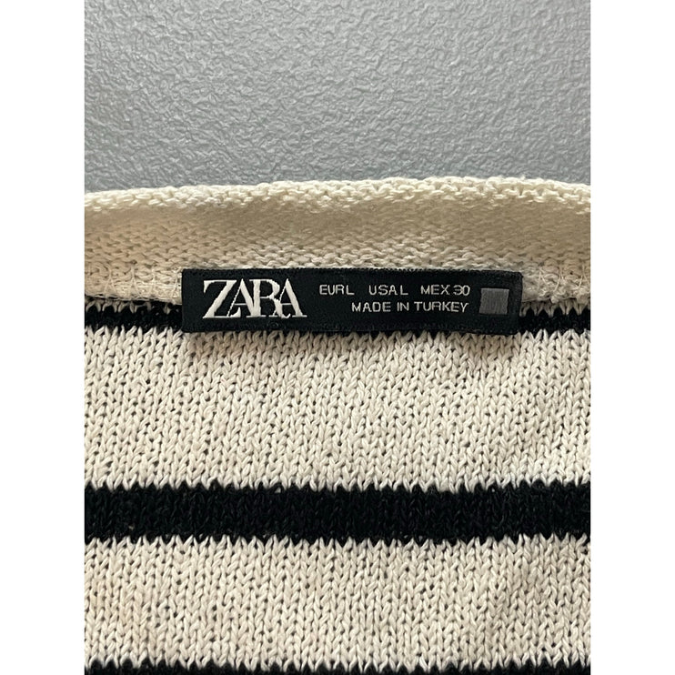 Zara Women's White Black Striped Crewneck Long Sleeve Crop Sweater Top Size L