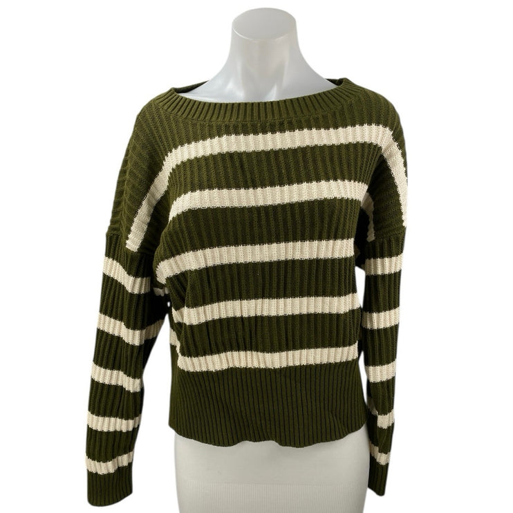 Banana Republic Women's Green White Striped Rib Knit Long Sleeve Sweater Top M