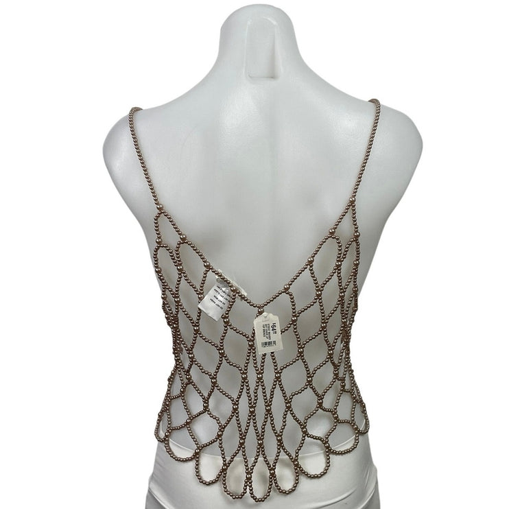 NEW Endless Blu Brown Bronze Pearl Beaded Net Cami Cover Up Tank Top Size M/L