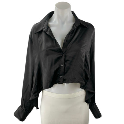 Zara Women's Black Satin Tie Waist Long Sleeve Button Up Crop Shirt Blouse Top L