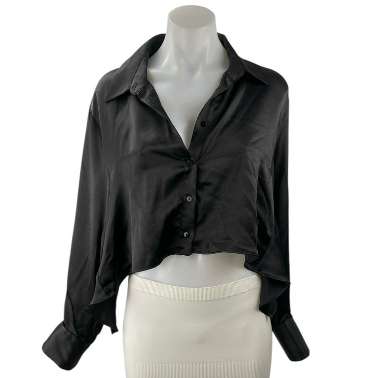Zara Women's Black Satin Tie Waist Long Sleeve Button Up Crop Shirt Blouse Top L
