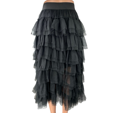 NWT Maje Josepha Black Ruffle Tiered Tulle Overlay High Waist Midi Skirt Size 36