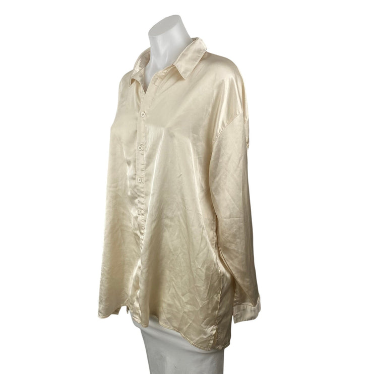 Missguided Women's Cream Silk Satin Long Sleeve Loose Button Down Shirt Top 6