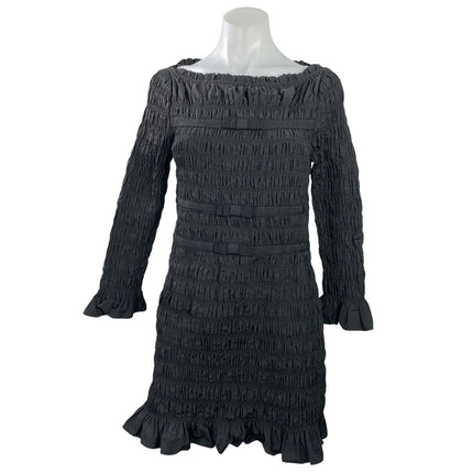 DOEN Cecelia Black Smocked Ruffles Boat Neck Bell Long Sleeve Bodycon Dress L