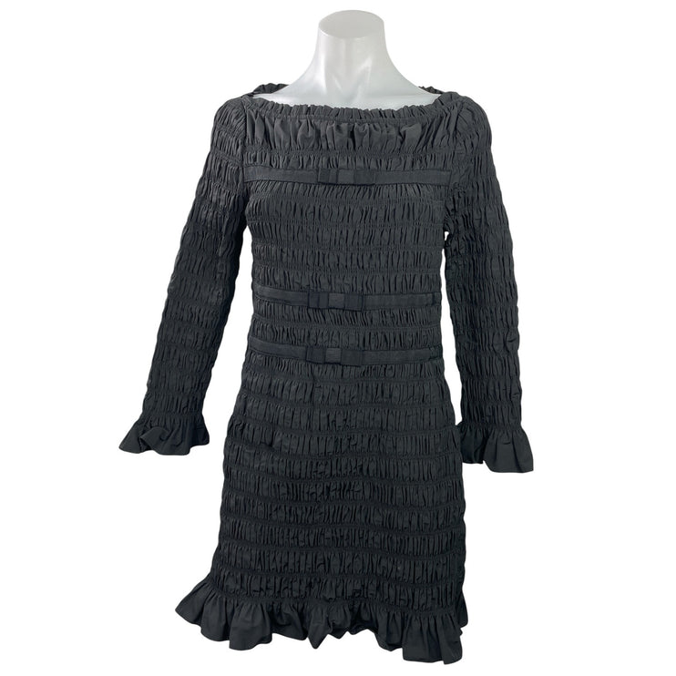 DOEN Cecelia Black Smocked Ruffles Boat Neck Bell Long Sleeve Bodycon Dress L