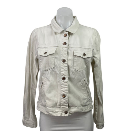 J,Crew Women White Ecru Long Sleeve Button Down Denim Jean Trucker Jacket Size M