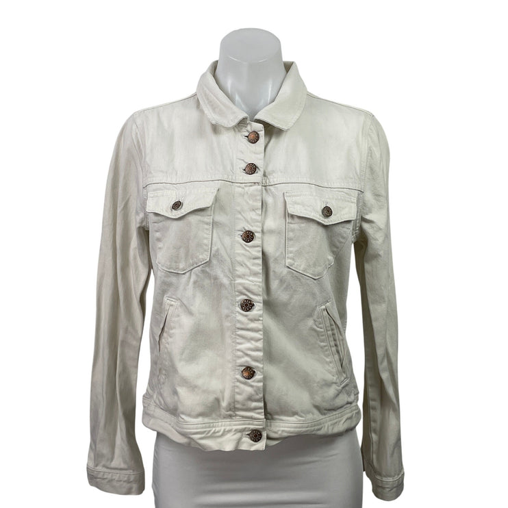 J,Crew Women White Ecru Long Sleeve Button Down Denim Jean Trucker Jacket Size M